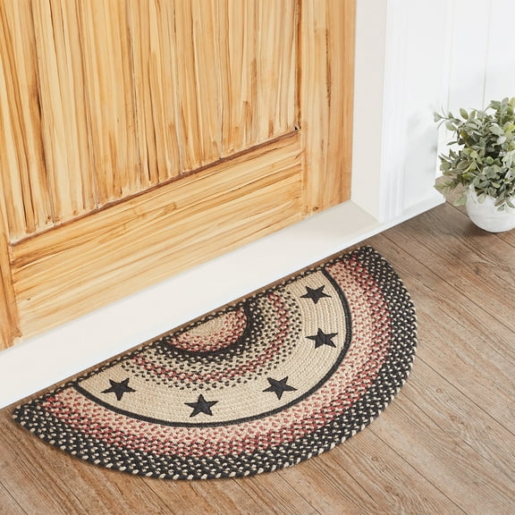 VHC Brands Colonial Star Accent Rug with PVC Pad, Jute Blend, Half Circle, Tan Black Red Star, 16.5x33