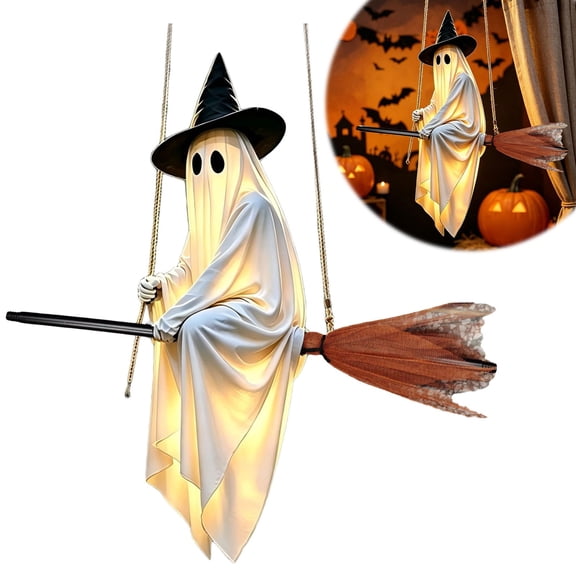 Yeciiwht Halloween Flying Ghost on Broomstick Lighted Hanging Decoration – Cute Glowing Ghost Ornament with Remote Control for Front Porch, Yard, Patio & Indoor Use