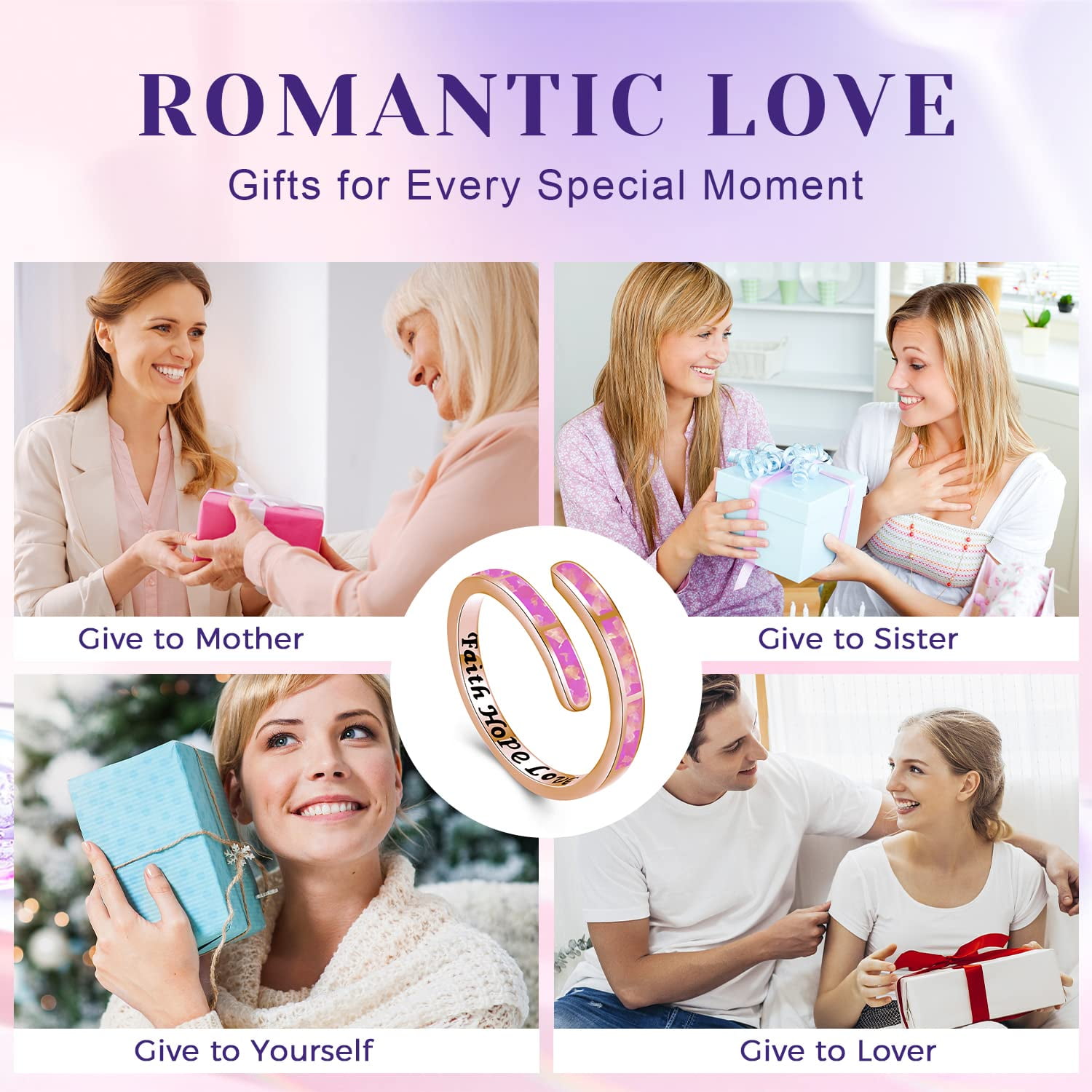 Coachuhhar Pink Opal Rings for Women 925 Sterling Silver Faith Hope Love Rings Rose Gold Adjustable Open Rings Opal Jewelry for Mother's Day