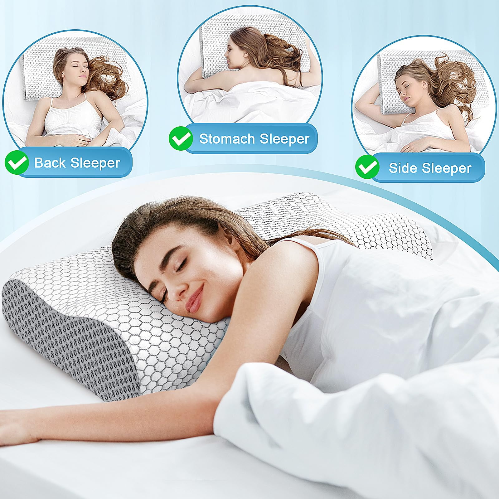 TESFLY Cervical Neck Pillow for Pain Relief, Contour Memory Foam Pillows for Sleeping, Odorless Ergonomic Pillow Adjustable Orthopedic Cooling Pillow Bed Pillow