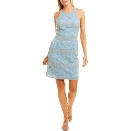 Adrianna Papell Crew Neck Racer Zipper Back Lace Dress-BLUE LILAC / 16