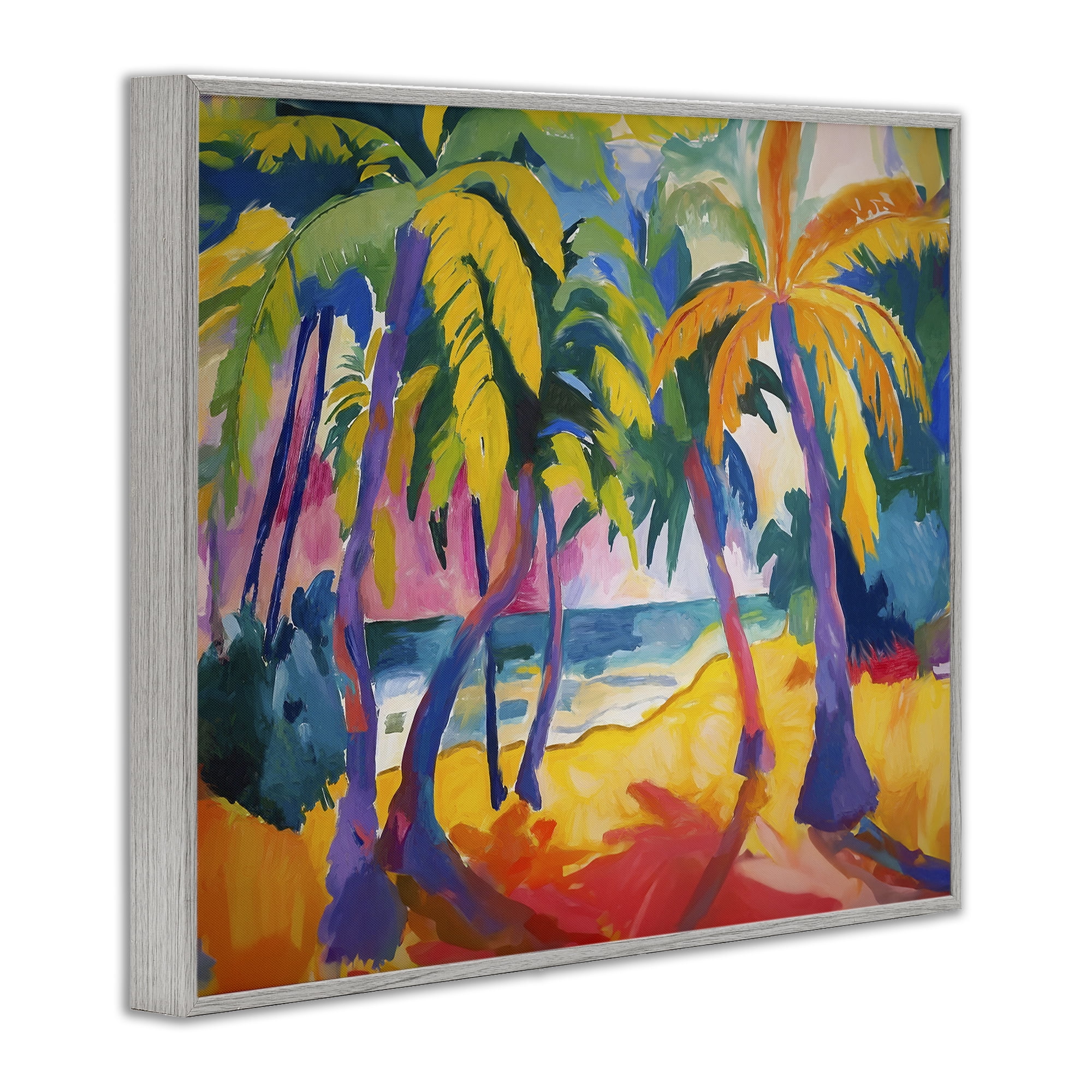 Stupell Industries Tropical Palm Paradise Coastal Painting Gray Framed Art Print Wall Art, 30 x 24