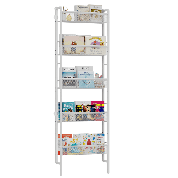 Cyxphion B8 Wall Mounted Metal Bookcase, 6-Tier Mesh Storage Shelf Organizer, Heavy Duty Steel Wall Bookshelf for Home Office, Living Room, Study, White