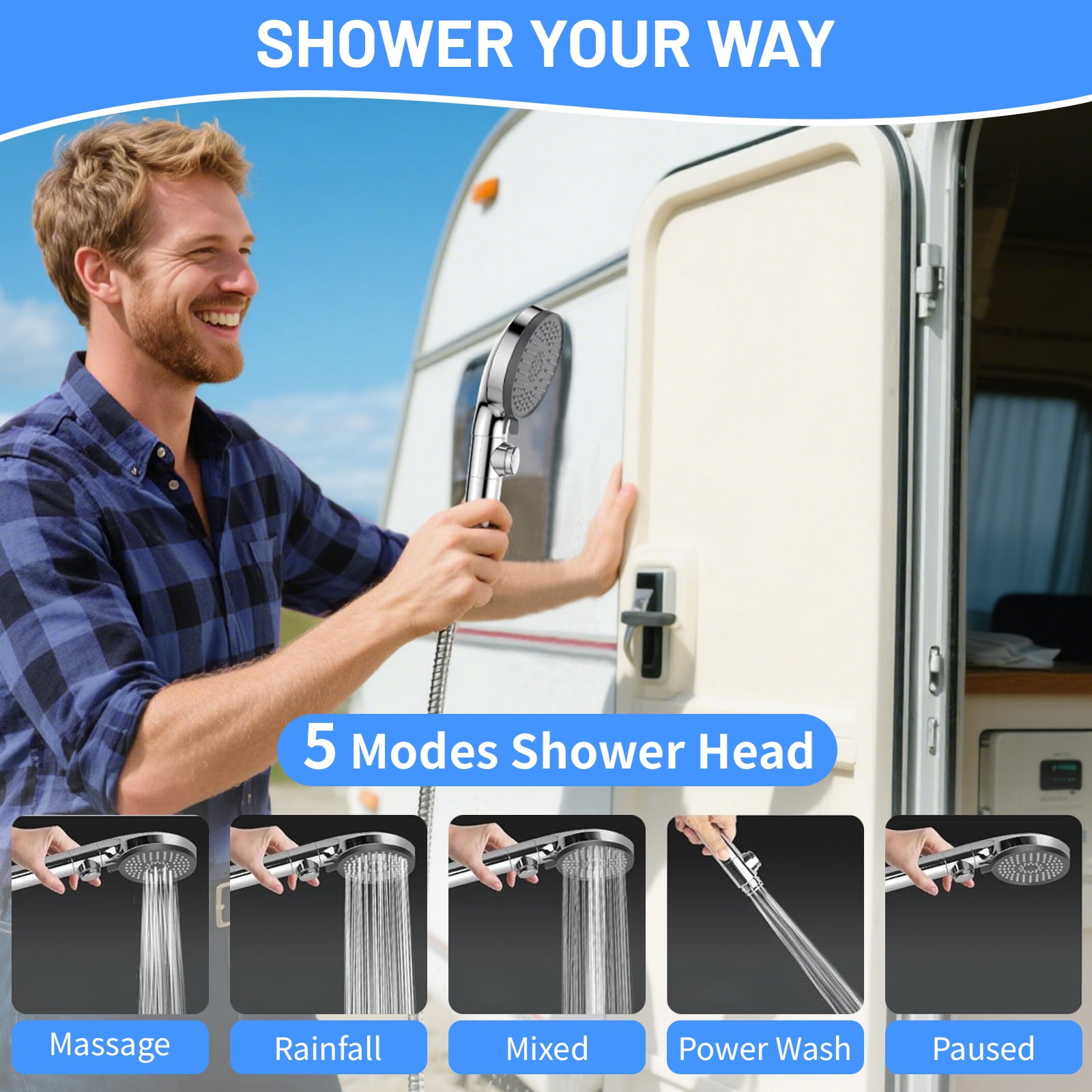 RV Shower Head with Hose, 5 Mode High Pressure Shower Head Replacement, Handheld on/off with Holder、Hose, Travel Trailer, Water Saving Motorhome