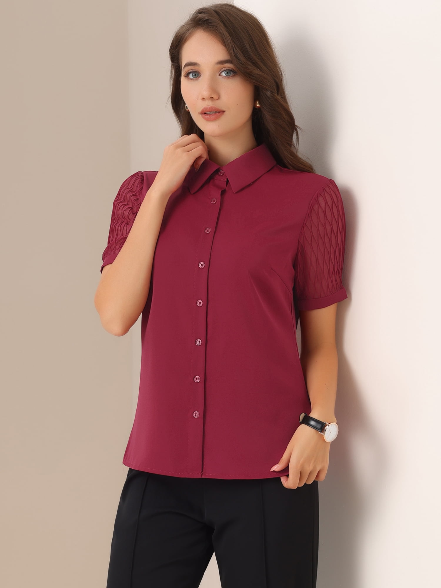DARING DIVA Women's Button Down Sheer Short Sleeve Point Collar Work Shirt  L Wine Red