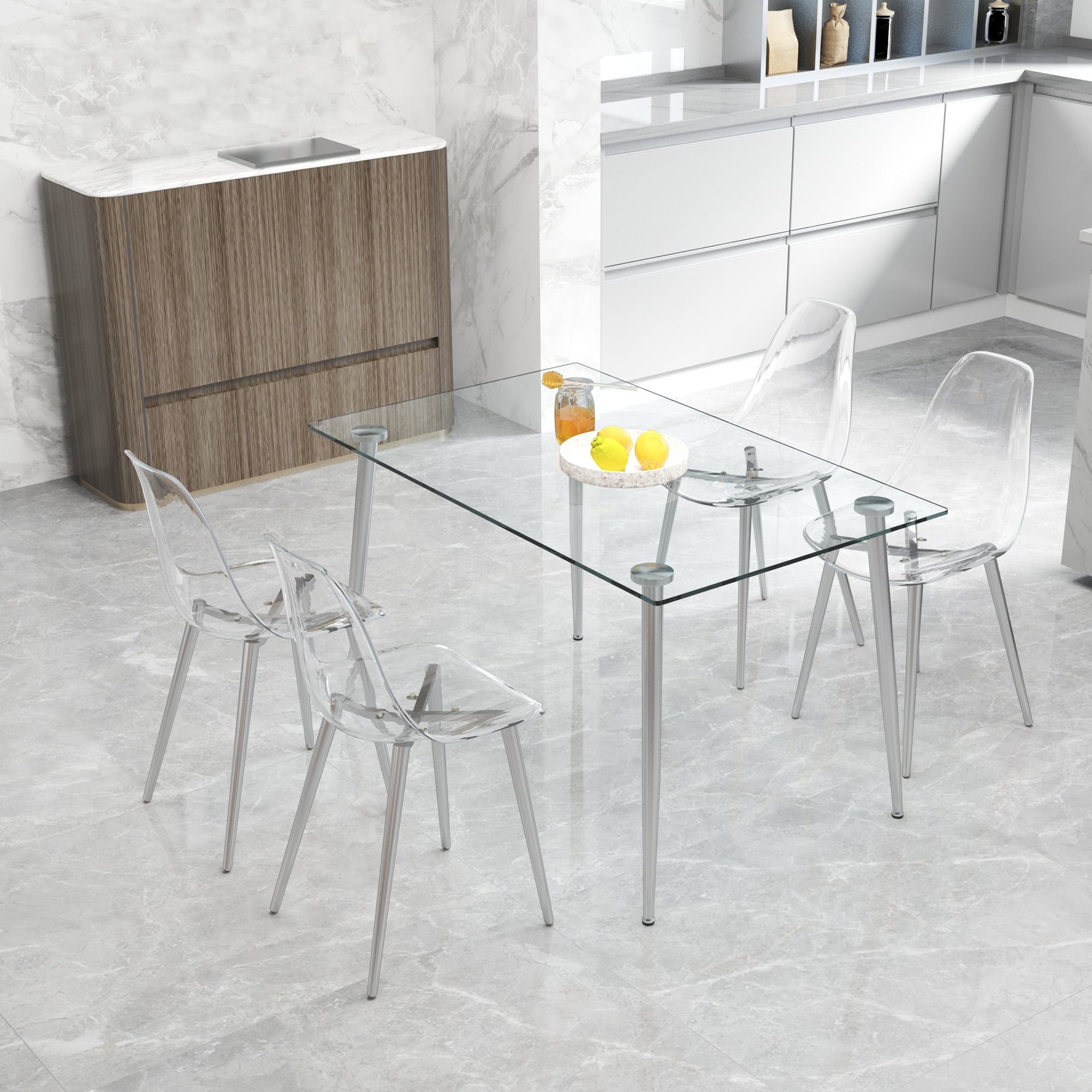 NYEESS Set of 4 Clear Transparent Dining Chairs Armless with Sliver Metal Legs Modern Acrylic Side Chairs for Kitchen Dining Room