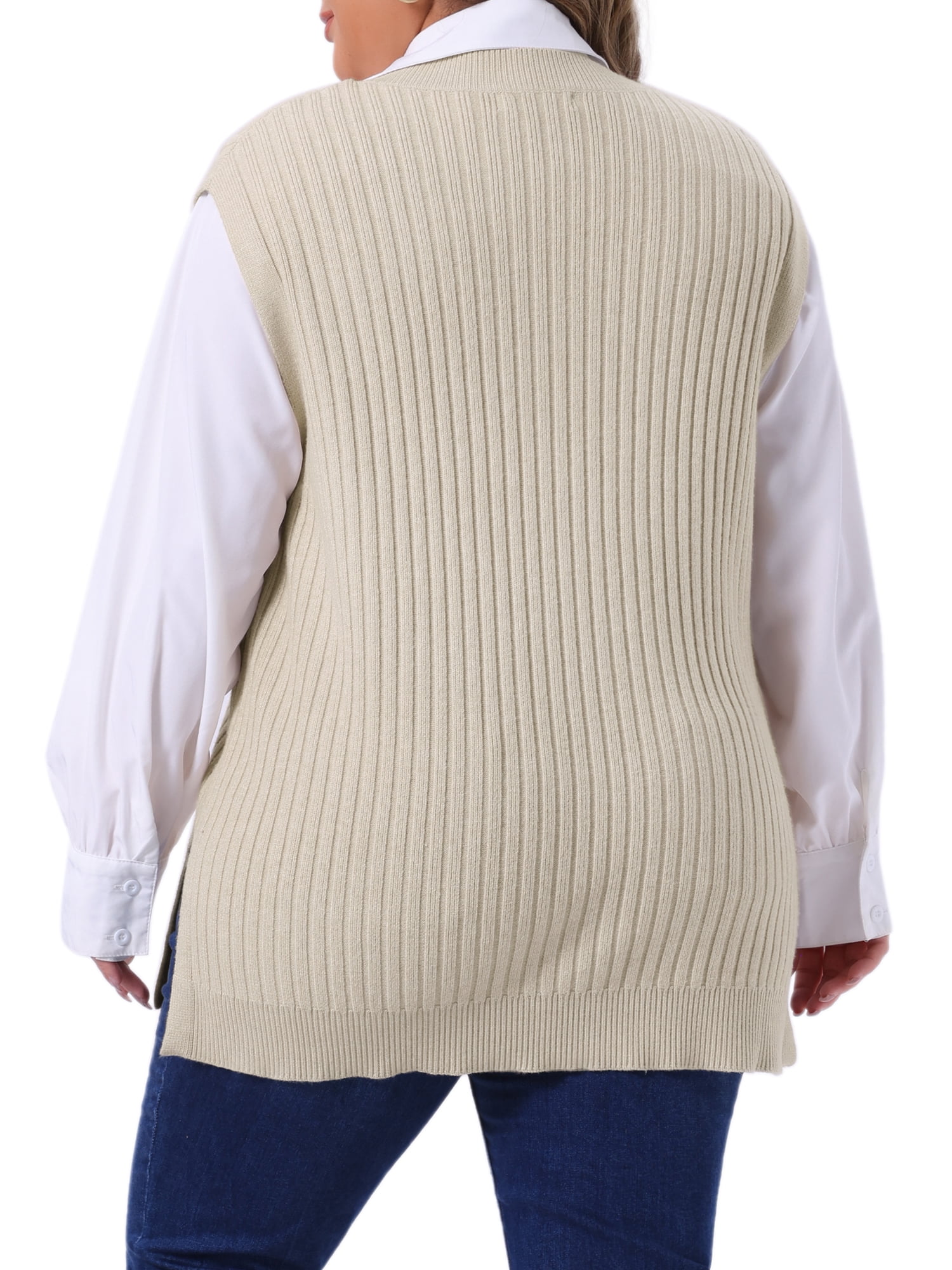 DARING DIVA Women's Plus V Neck Sleeveless Pullover Knit Split Hem Sweater Vest 4X Beige