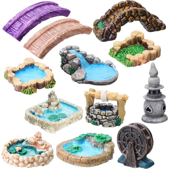 12-Piece Garden Bridge & Lighthouse Figurines Set, Miniature Pond Decorations with Water Well, Classic Style Lawn Ornaments for DIY Fairy Garden, Yard & Patio Decor