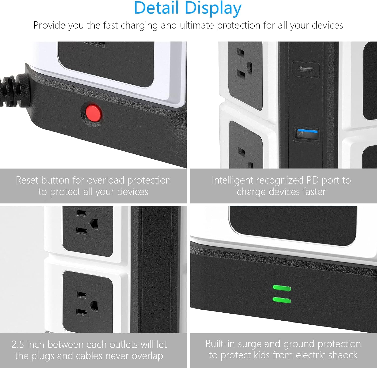 BESTEK 8 Outlet 6 USB Power Strips Tower, Surge Protector with 10W Wireless Charger & PD20W USB C, 4000Joules, 5ft Cord, Black