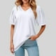 thumbnail image 2 of Camiseta holgada de manga corta y cuello en V para mujer: diseño con mangas abullonadas, cómoda mezcla de poliéster y spandex para uso informal, 2 of 8
