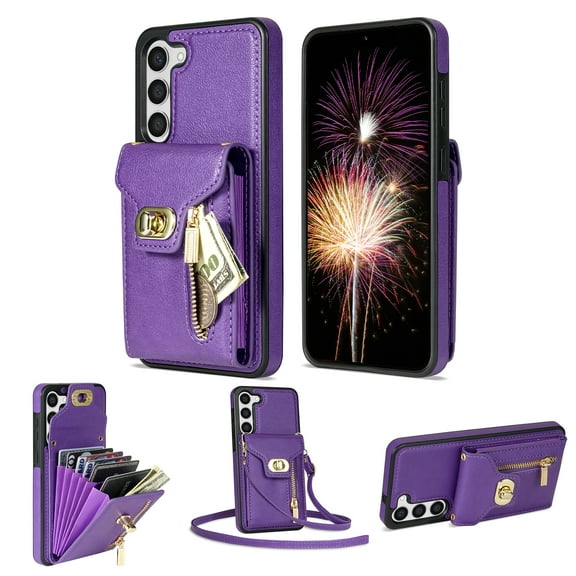 Feishell for Samsung Galaxy A54 5G Crossbody Zipper Wallet Phone Case,Premium PU Leather Kickstand Metal Buckle Credit Card Slots Shockproof Purse Phone Case with Detachable Shoulder Strap,Purple