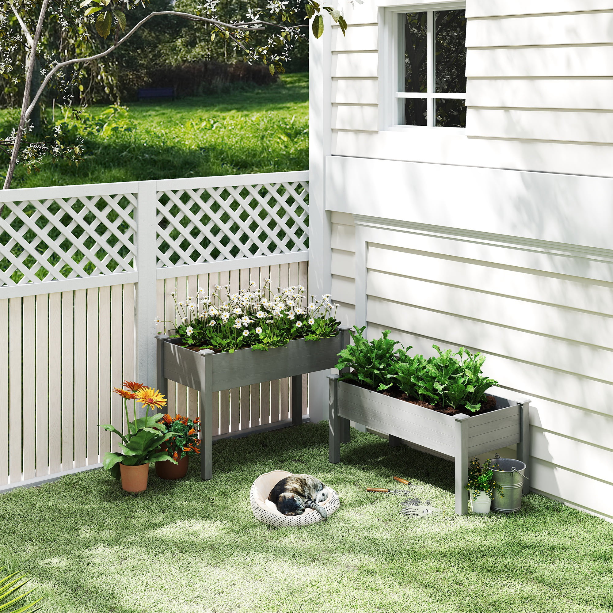 2 Tier Raised Garden Bed, Elevated Wooden 2 Box Planter, Gardening Grow Stand, Planting Bed for Flowers, Vegetables, Herb, Gray