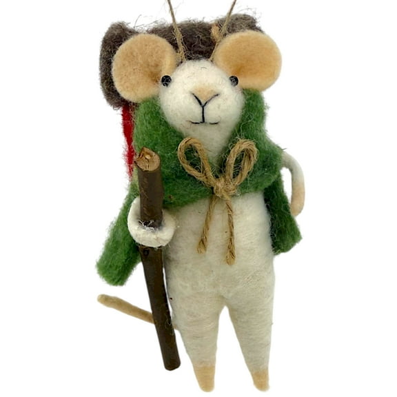 Hiker Mouse Ornament with Walking Stick and Backpack Christmas Tree Holiday Wool Hanging Decoration