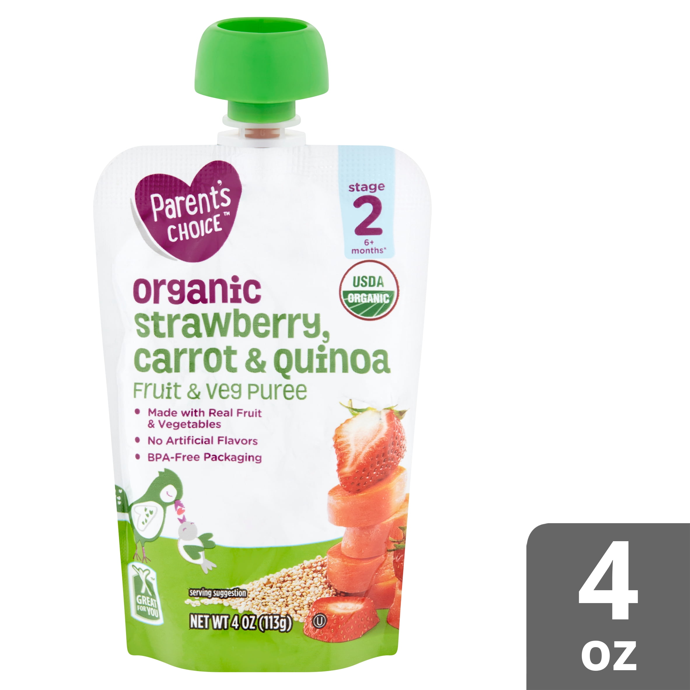 (6 pack) Parent's Choice Organic Strawberry, Carrot & Quinoa Fruit & Veg Puree, Stage 2, 4 oz
