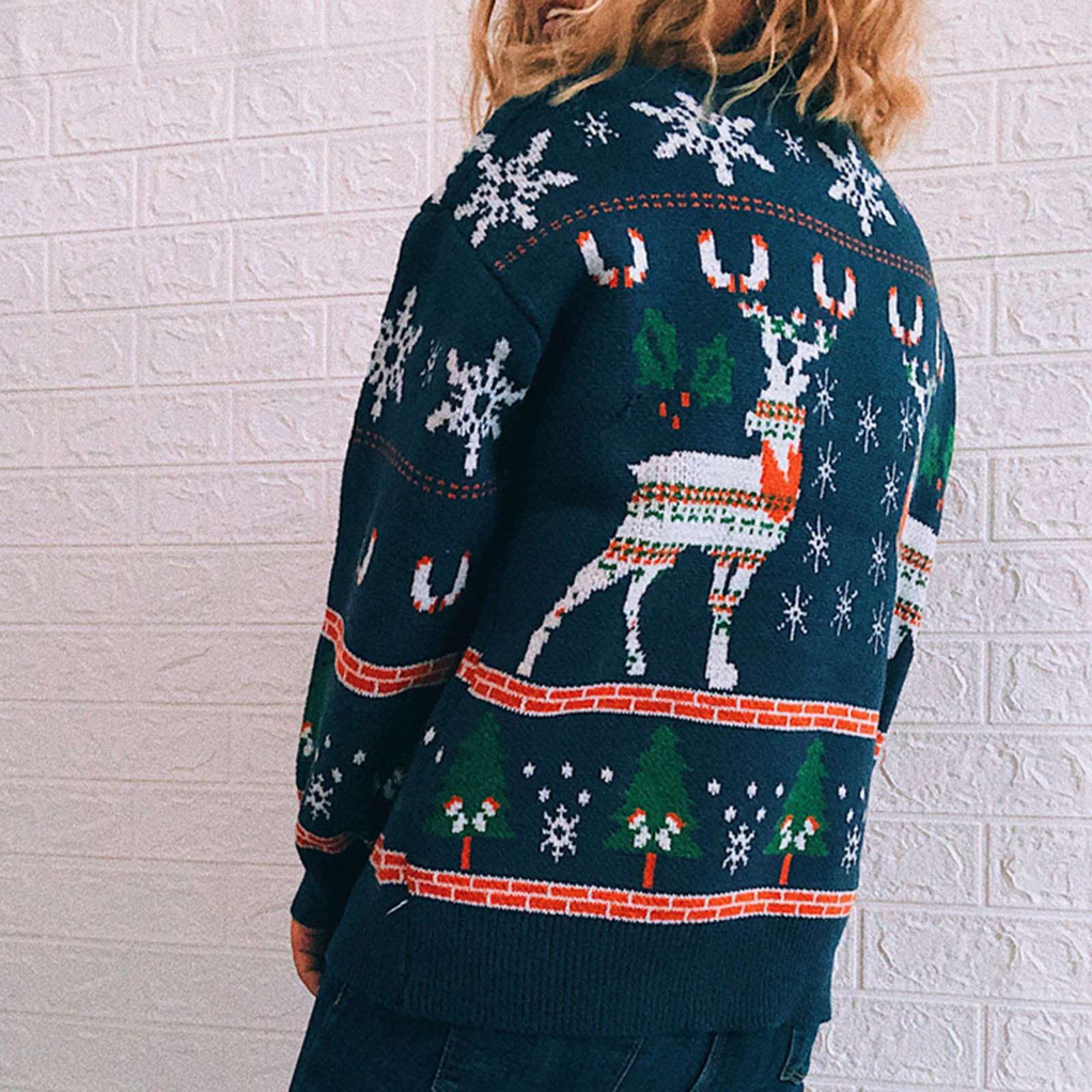 IROINNID Ugly Sweater for Christmas Women's Reindeer Xmas Print Winter Warm Ugly Sweater Long Sleeve Party Pullover,Blue
