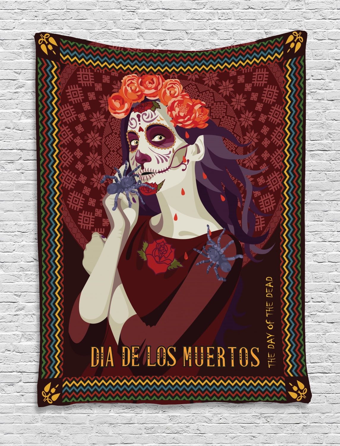 Day Of The Dead Decor Tapestry Dia De Los Muertos Print Woman With Calavera Makeup Spanish Rose Art Wall Hanging For Bedroom Living Room Dorm Decor