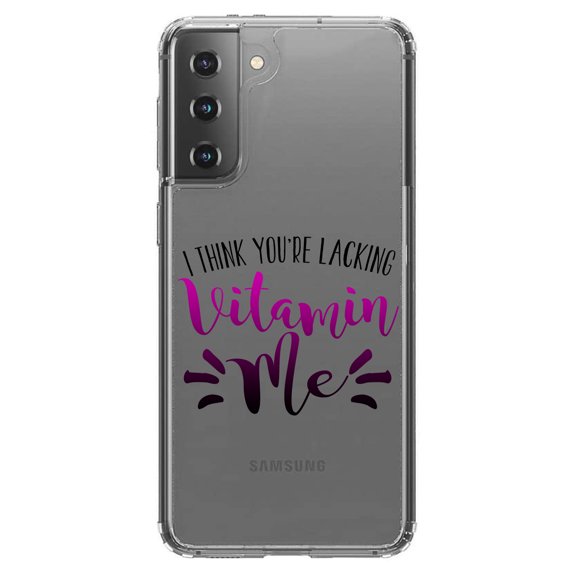 DistinctInk Clear Shockproof Hybrid Case for Galaxy S21  PLUS 5G (6.7" Screen) - TPU Bumper Acrylic Back Tempered Glass Screen Protector - I Think You're Lacking Vitamin Me