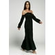 thumbnail image 3 of ABPHQTO Vestido largo plisado con manga farol y hombros descubiertos con volantes negros para mujer con abertura, 3 of 5