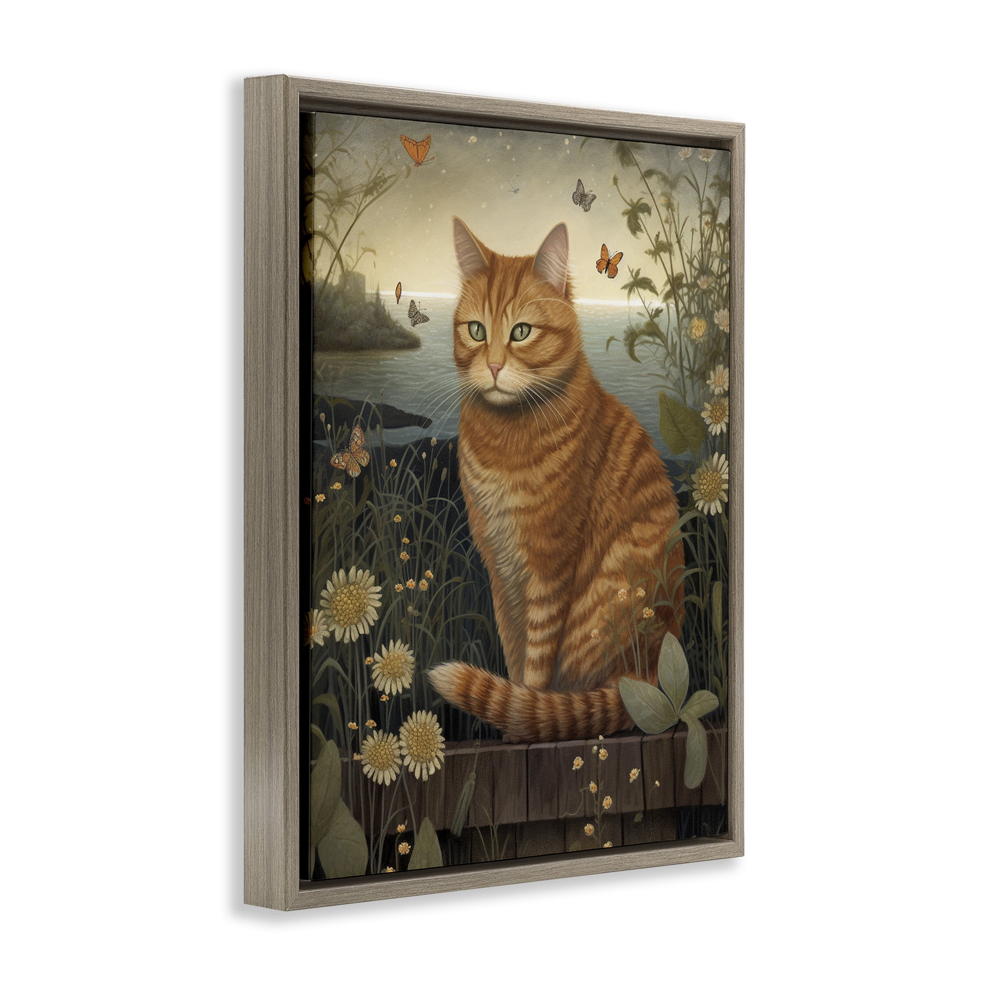 Stupell Industries Orange Cat by Pond Animals & Insects Painting Brown Floater Framed Canvas Art Print Wall Art, 17 x 21