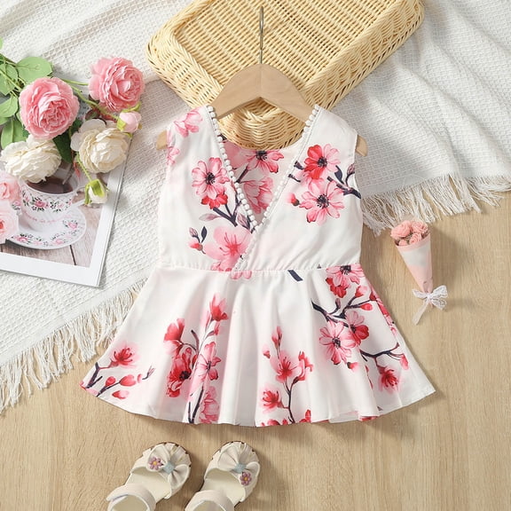 Vedolay Little Girls Dresses Girls Summer Dress Kids Floral Square Neck Puff Sleeve A-Line Midi Dresses,White 6-12 Months