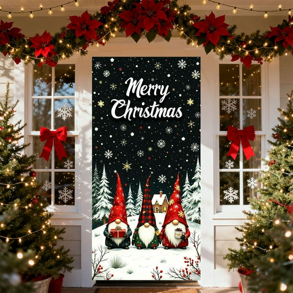 Large Santa Claus Pattern Christmas Door Cover Measuring 35X71 Inches, Festive Fabric Hanging With Elastic Border For Holiday Door Decoration, Seasonal Party Background Display For Home Entryways