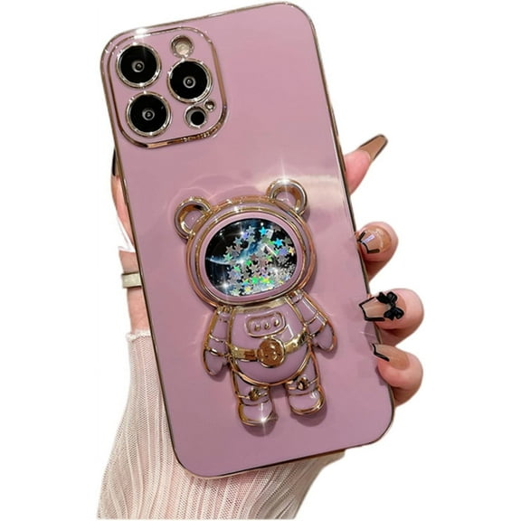 Stress Relief 3D Quicksand Astronaut Stand Bling Phone Case for iPhone 14 13 12 11 Pro Max Plus Mini, Unique Bracket, Soft Sparkling Cover, Shining Protective Shell(Purple,12 Mini)