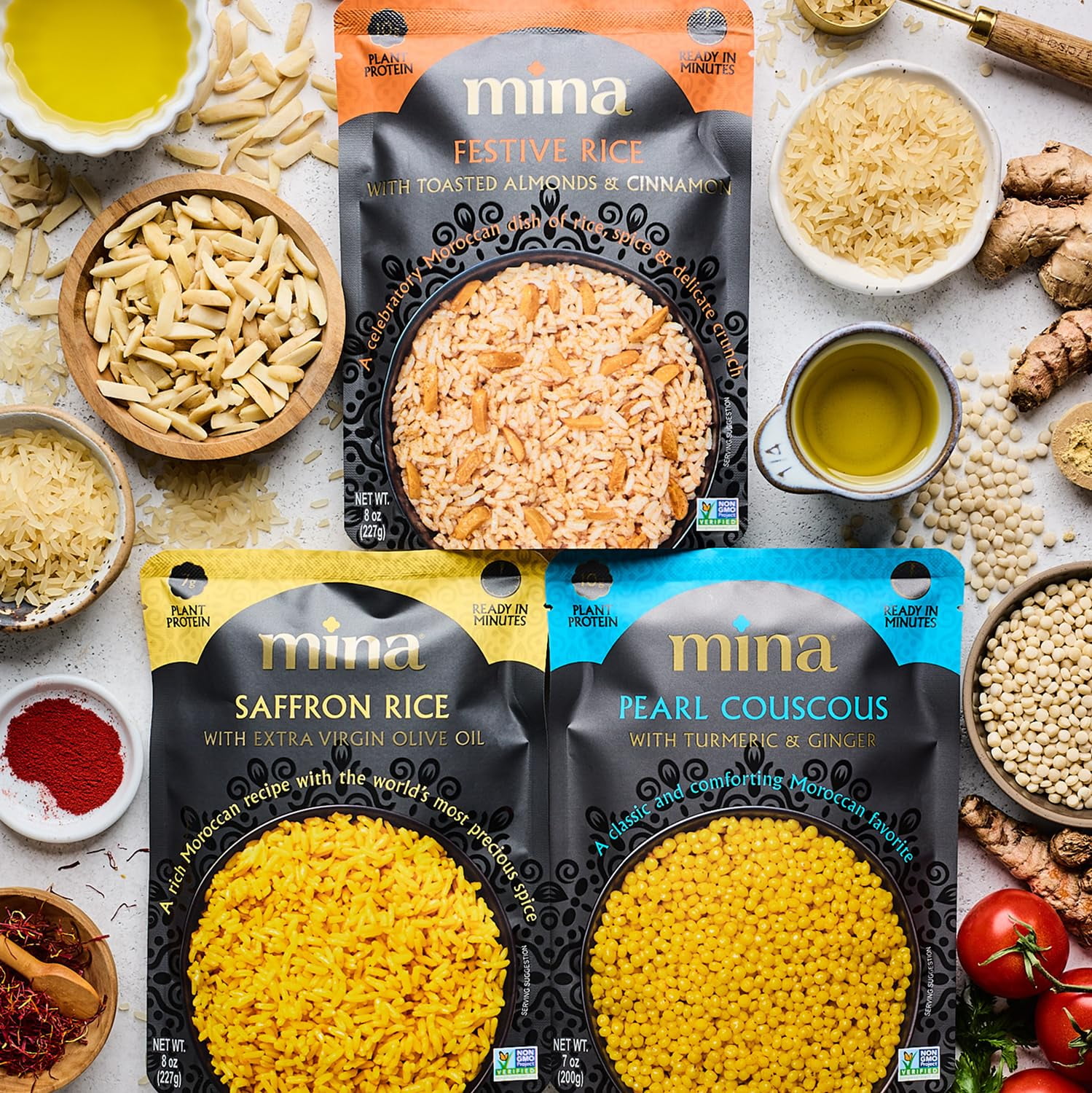 Mina Saffron Rice, Festive Rice, Pearl Couscous, variety pack of 6, Ready to Eat, Microwavable, Vegan Protein, Non-GMO, Gluten free