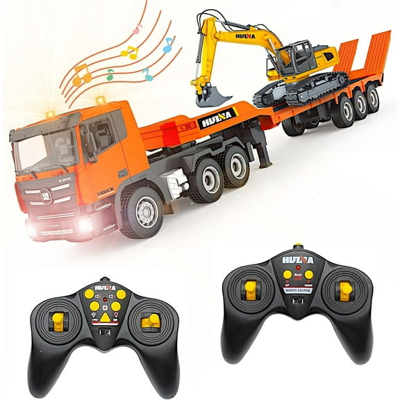 POCO DIVO 2-Set Alloy RC Truck Crawler Excavator 1/24, 9CH Semi-Trailer, 6CH Track Construction Engine Vehicle, Sound Lights Metal Visor Toy, 2.4G Radio Control Tractor Play, Kid Boy Gift