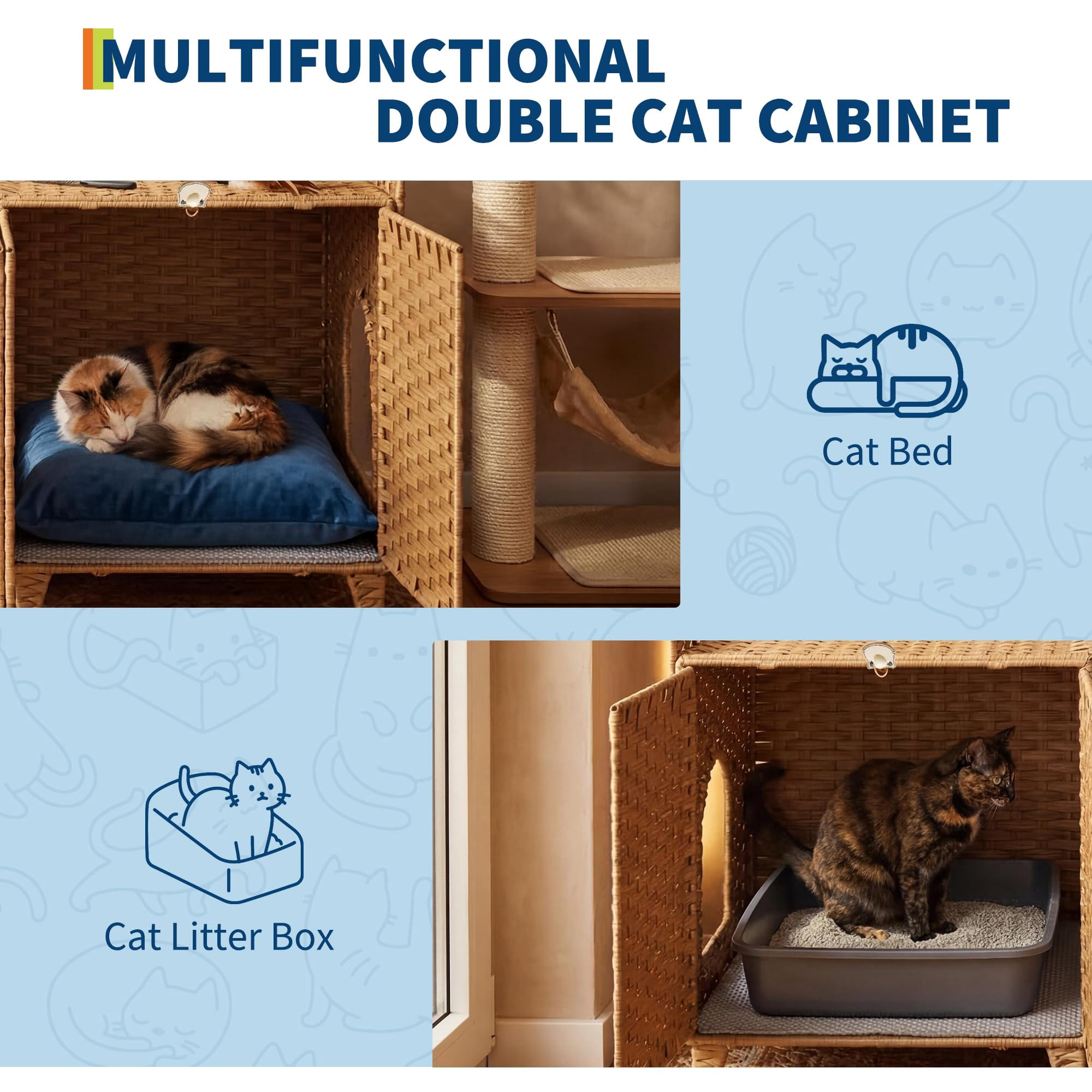 Double Litter Box Enclosure for 2 Cats - Rattan Hidden Cat Furniture with Litter Mat 2 Hooks & Doors, Large Cat House for 2 Litter Boxes, Easy Clean, 47.2" l x 19.7" w x 23.6" h Brown