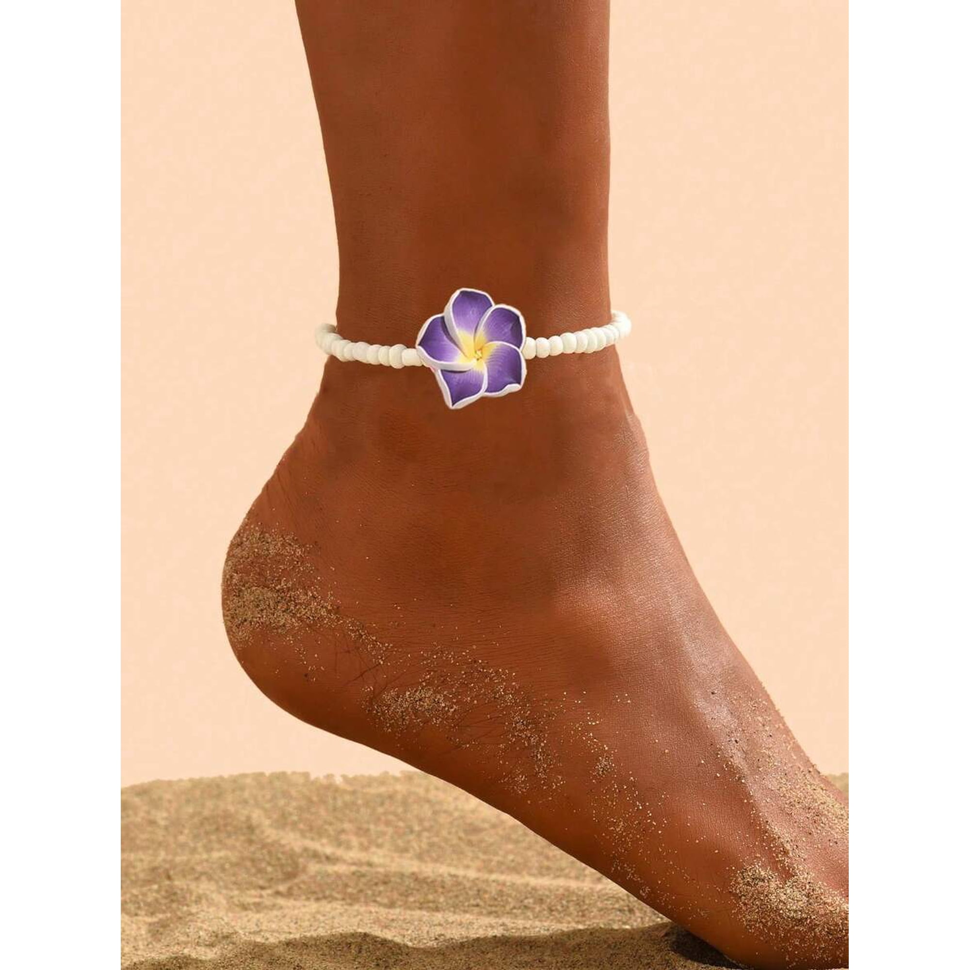 Purple Beaded Plumeria Flower Anklet With Lobster Claw Clasp For Women