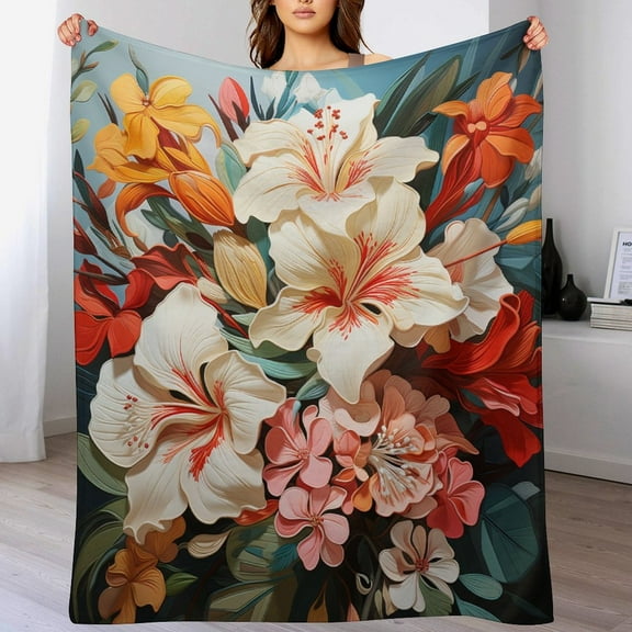 Bright Colorful Summer Flowers Flannel Blanket for Living Room 50"x60" Watercolor Colorful Flowers Abstract Floral Lightweight Throw Blanket for Bed Sofa Couch Throw Blanket