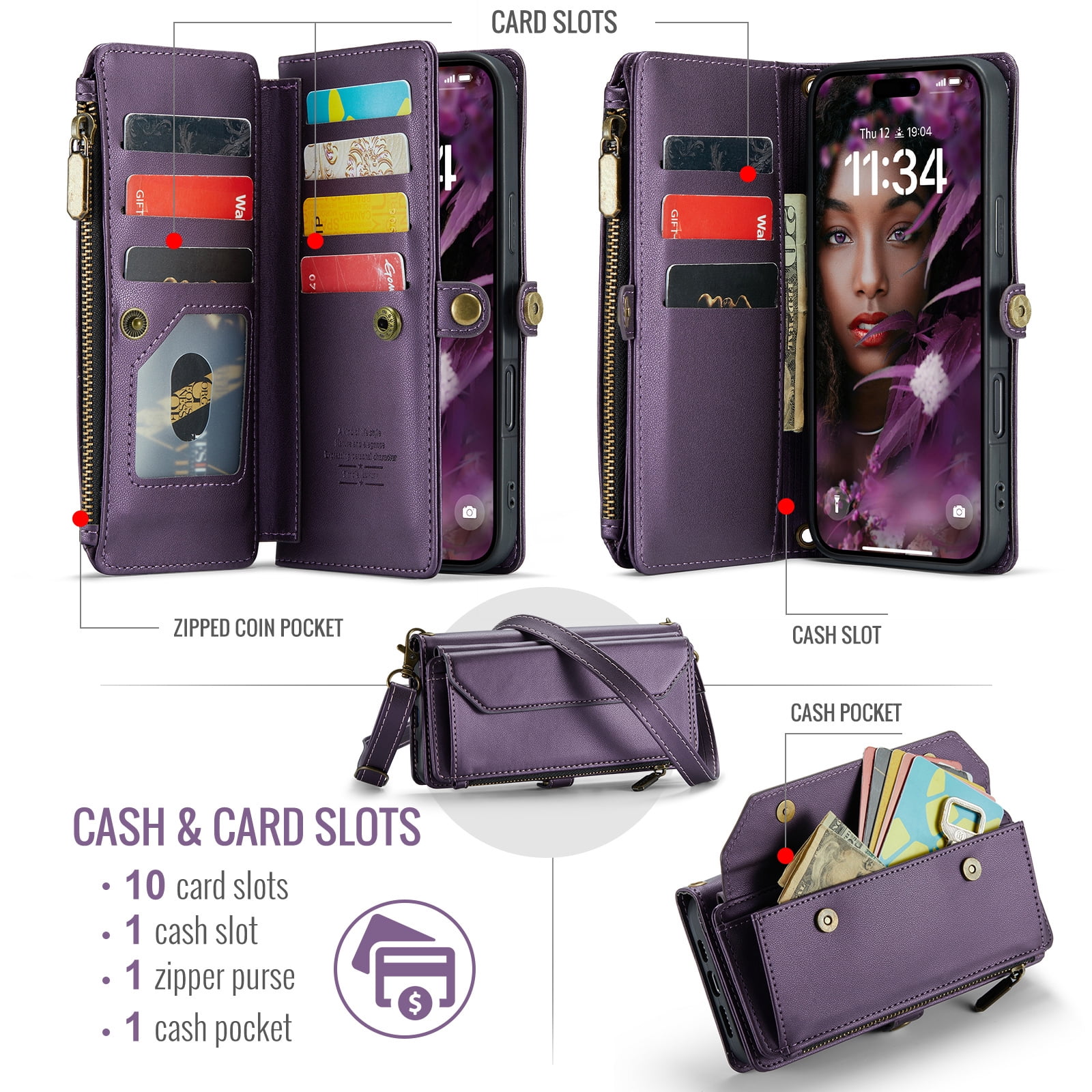 Asuwish Compatible with iPhone 17 Air 6.5 inch Zipper Wallet Phone Case Tempered Glass Screen Protector Crossbody Lanyard Strap Flip Card Holder Slot Cell Cover for i Phone17Air 17Case Women Purple