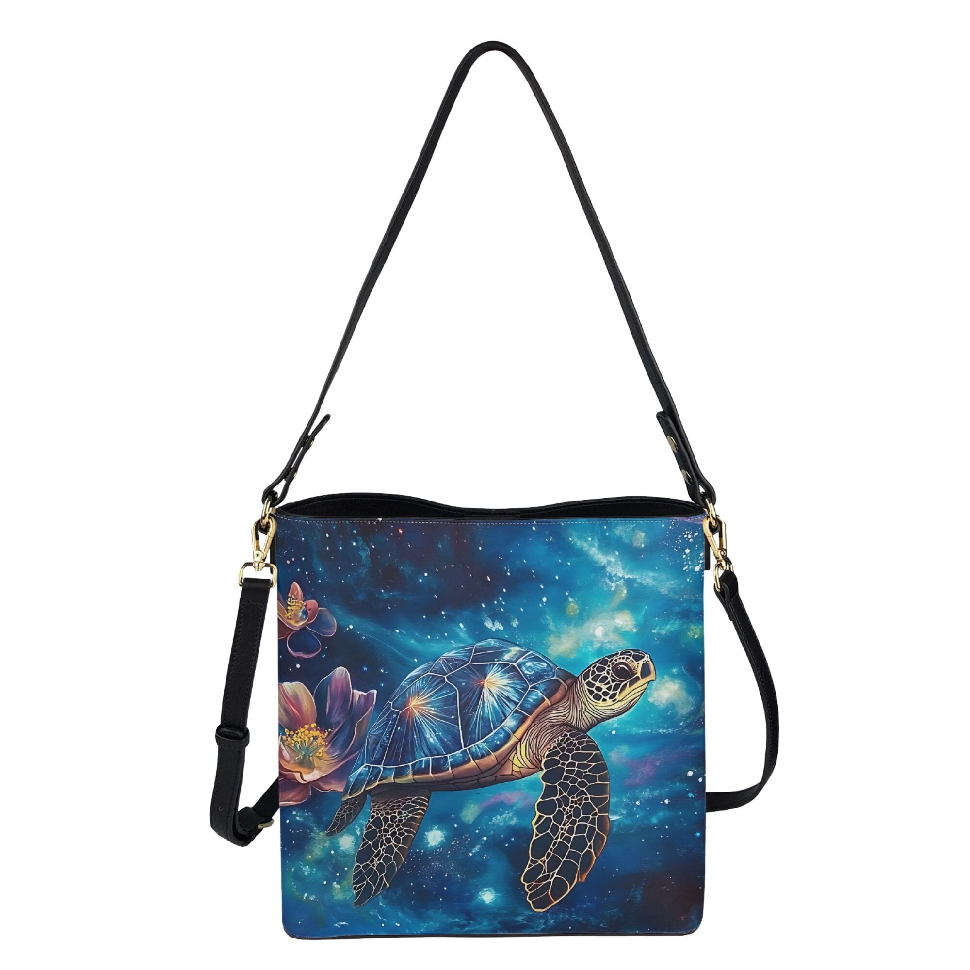 Kuiaobaty Sea Turtle Print Leather Crossbody Bag for Women Lady, Trendy Lotus Print Hobo Satchel Purse with Adjustable Strap, Roomy Bucket Tote Bag Handbag Crossbody for Travel, Blue