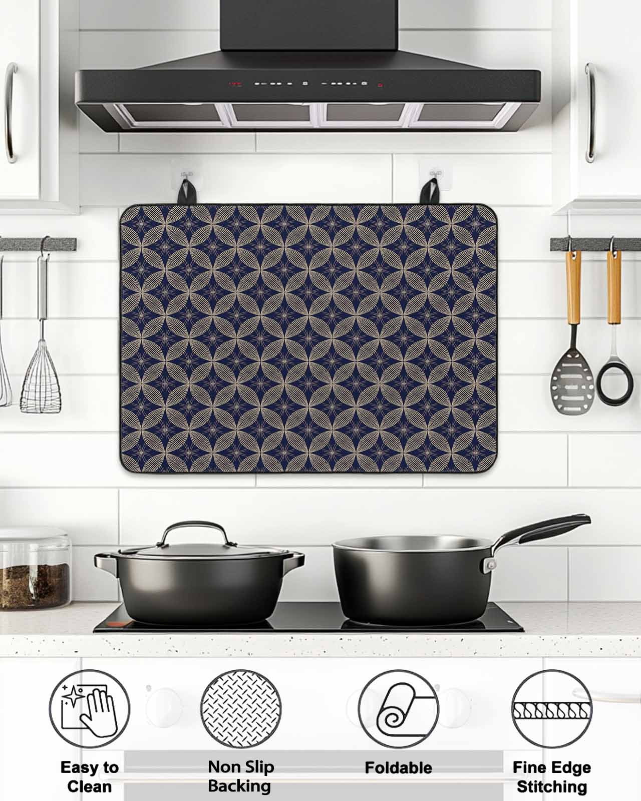 Stove Top Covers for Electric Stove, Navy Blue Geometric Glass Stovetop Cover Protector, Brown Modern Abstract Art Aesthetics Induction Cooktop Protector Oven Mat for Kitchen Countertop 24"x21"