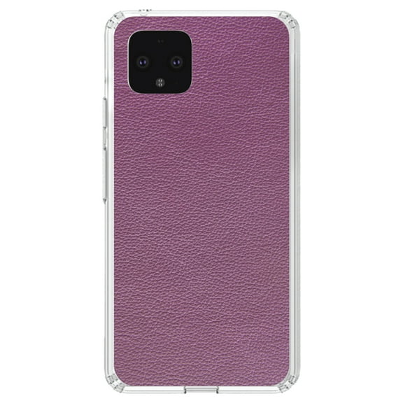 DistinctInk Clear Shockproof Hybrid Case for Google Pixel 4 (5.7" Screen) - TPU Bumper, Acrylic Back, Tempered Glass Screen Protector - Purple Faux Leather Print Design - Printed Faux Leather Image