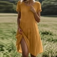thumbnail image 2 of Robes à Manches Courtes pour Femmes Jaune Moutarde Col Rond Fausse Gaze Lin Rayonne Plage Décontractée Hawaïenne Tropicale Basique Midi Genou Haut Automne Été 2025 Vêtements Tendance TTG, 2 of 7