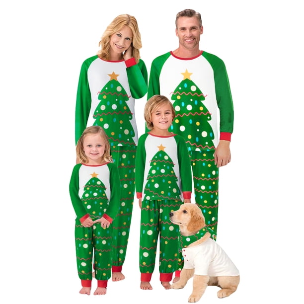 Conjuntos de pijamas navideños familiares a juego: camisetas de manga larga con cuello redondo + pantalones con estampado de árbol de Navidad, mono o conjunto para perro.