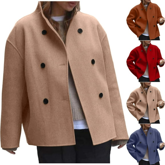 jtjvou Women Cropped Pea Coat Double Breasted Wool Trendy Casual Jacket Peacoat Fall Winter Fashion Short Outerwear Blue L