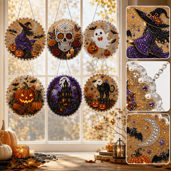 Halloween Witch Diamond Art Suncatcher Kit, 7.87 in DIY Rhinestone Painting Window Hanging Ornament with Crystal Beads, PET Charm and Chain for Door, Wall and Home Decor
