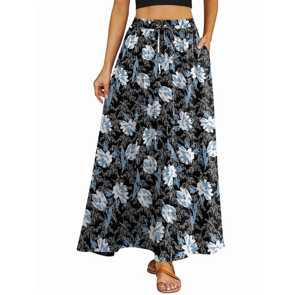 Women'S Flowy Maxi Skirt Summer Pleated High Waisted Casual Long Skirts with Pockets Kapok Flower S