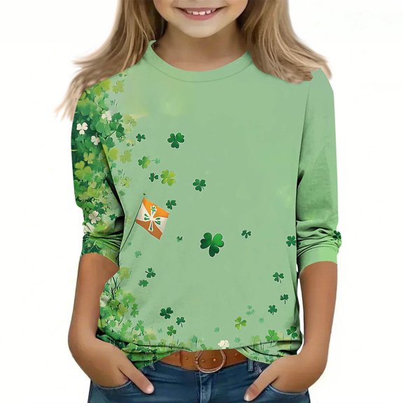 Girls St Patrick's Day Shirt Long Sleeve Crewneck Lucky Shamrock Print Soft Stretch Tee Top for Kids 3-13 Years,Size 12-13T
