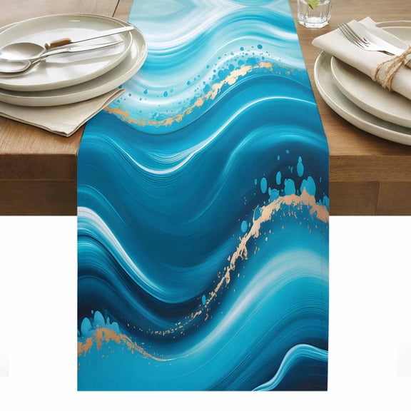 Teal Abstract Waves Table Runner - 120 Inch Long, Kitchen Dining Table Runner Dresser Scarves, Water Ripple Stripes Modern Farmhouse Decor for Coffee Tables Wedding Party Banquet