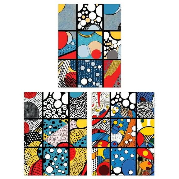 Set of 3 Abstract Pop Art Vibrant Artwork Bubbles Lines and Patterns Unframed Wall Art Living Room Poster Prints Pack