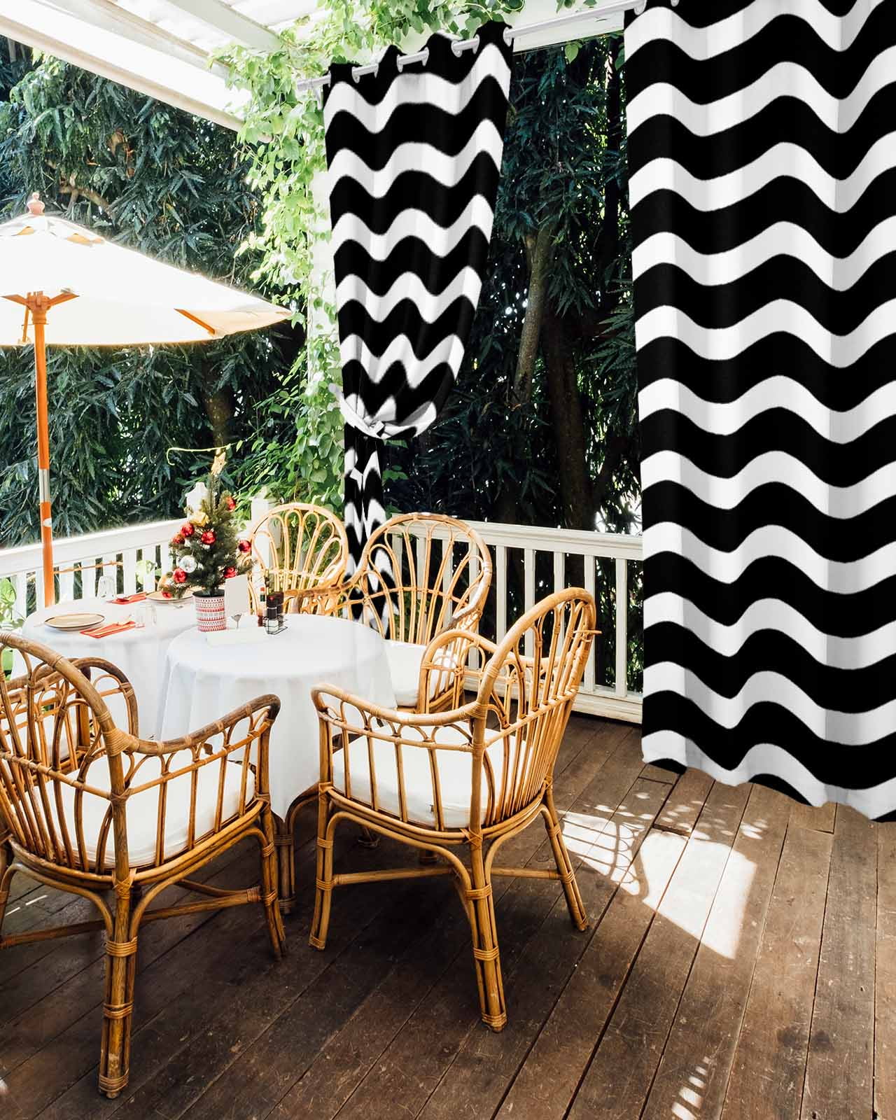 Black Moire Ombre Outdoor Curtains for Patio, Water Ripple Stripe Farmhouse Privacy Drapes Grommet Waterproof Outside Curtains for Porch/Cabana/Balcony 54"x 95", 2 Panel