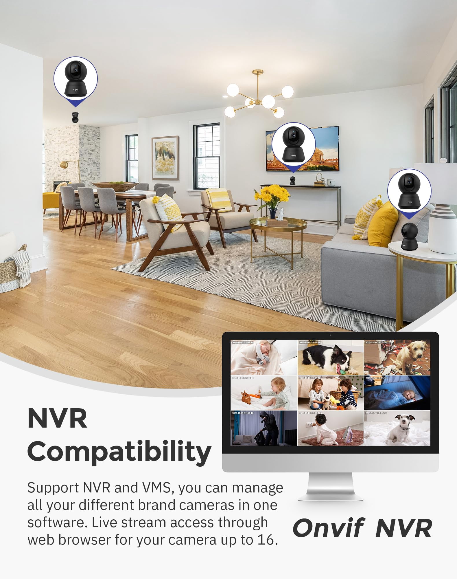 Hugolog 2K 3MP Indoor Pan/Tilt Security Camera with Auto-Focus,Ideal for Baby Monitor/Pet Camera/Home Security,Starlight Color Night Vision,Human/Pet AI,US Cloud,Compatible with Alexa