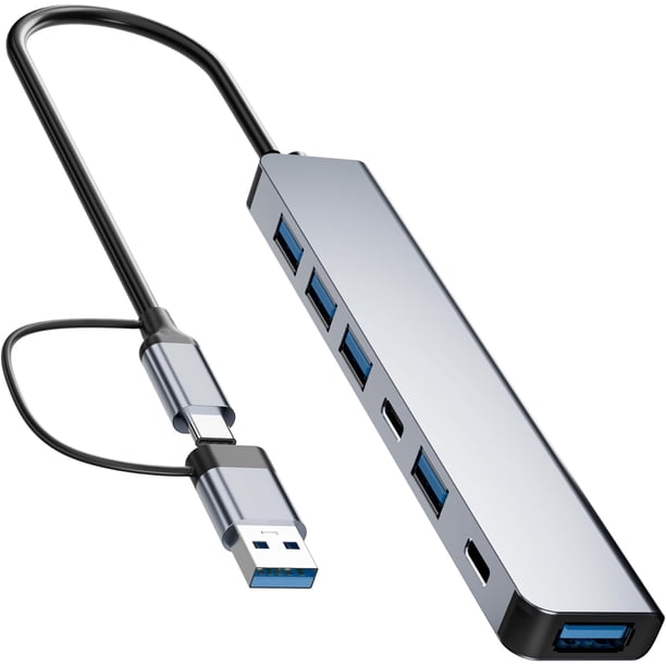 Aluminio 7 en 1 USB C/USB Hub, 2* USB C y 5* USB, USB 3.0 y USB 2.0 Puertos, Adaptador divisor USB portátil ultra delgado para computadora portátil, PS4, unidad flash, HDD, Xbox, impresora, ratón