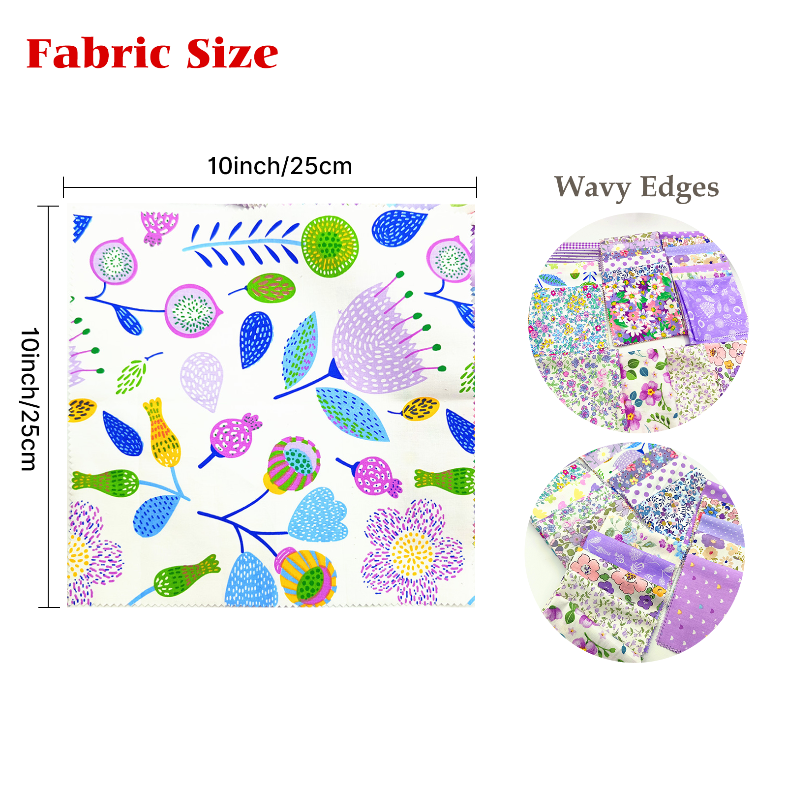 iMzoon 22Pcs 10" Cotton Fabric Quilting Squares,No Repeat Floral Charm Pack, Precut Pink Fabric for Sewing with Wavy Edges, DIY Scrapbooking Craft Supplies Purple