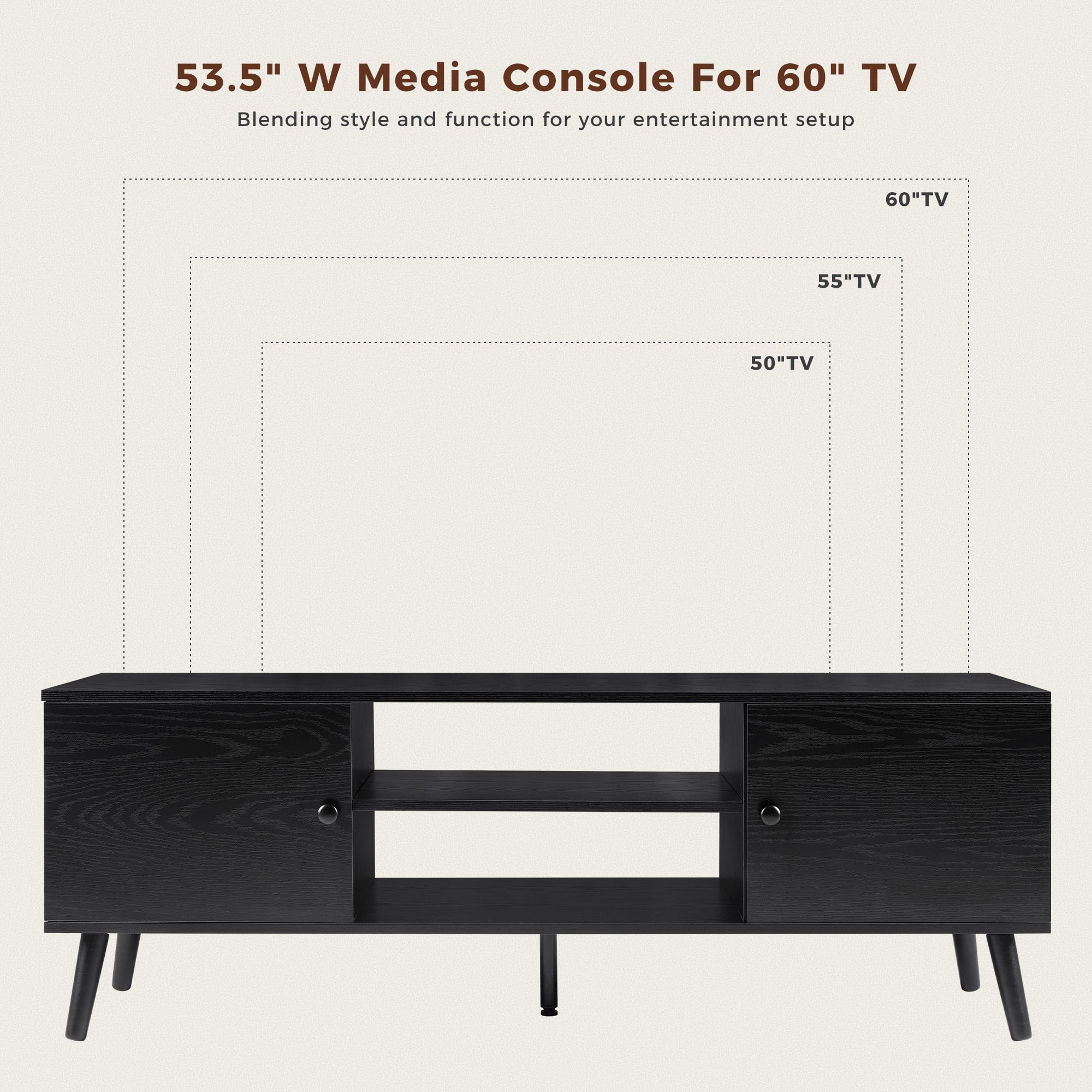 GIANNA Mid-Century Modern Wooden TV Stand for 55-60” TVs, 2 Storage Cabinets, Adjustable Shelf, Cable Management, Sturdy Legs, Easy Assembly, Black