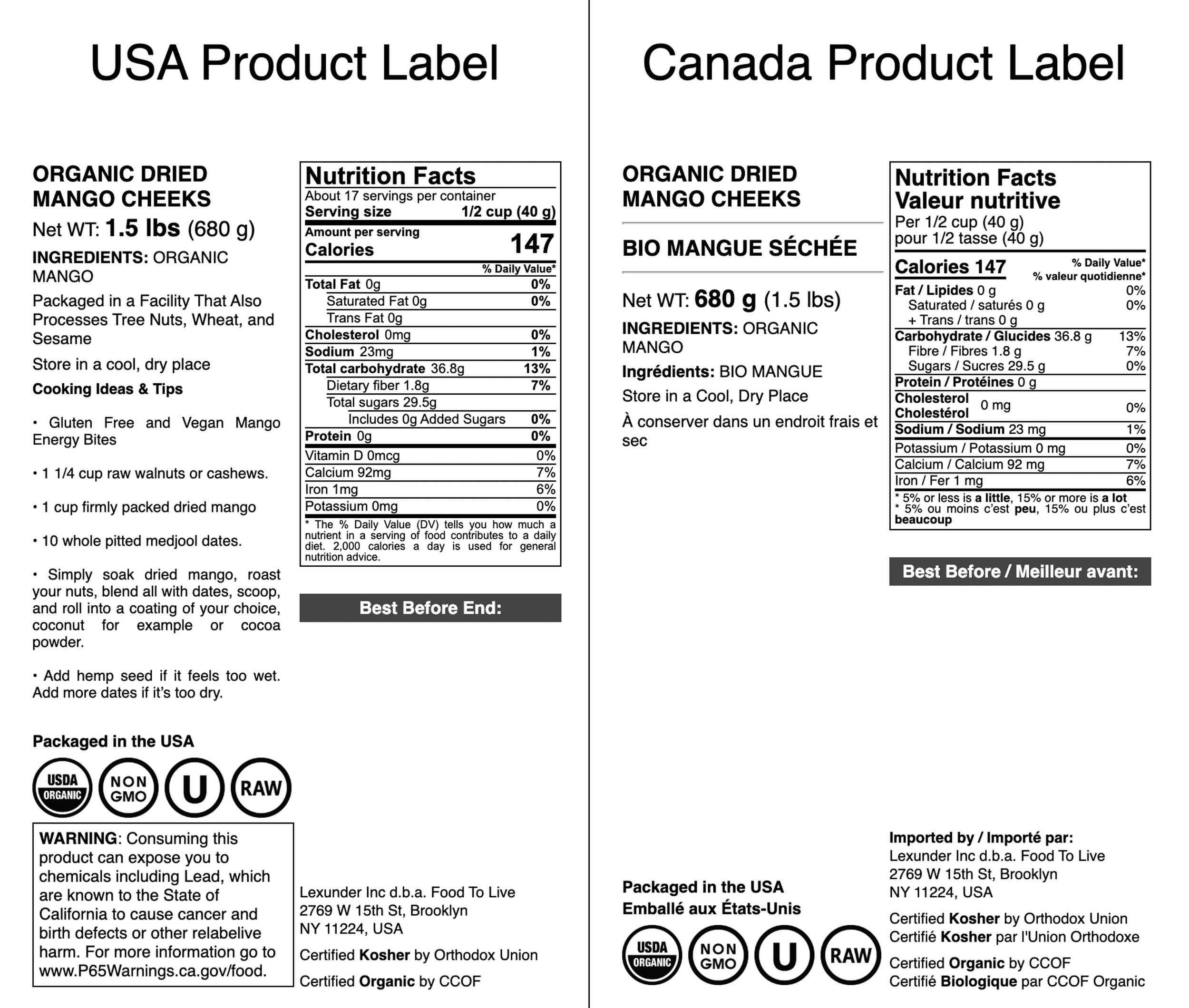 Organic Dried Mango Cheeks, 1.5 Pounds - Non-GMO, Kosher, Raw, Vegan - by Food to Live