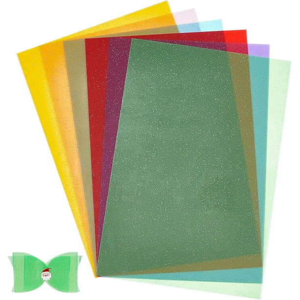 6 láminas de vinilo en 6 colores: tela de cuero sintético, vinilo transparente tipo gelatina, vinilo plástico brillante con efecto brillante.